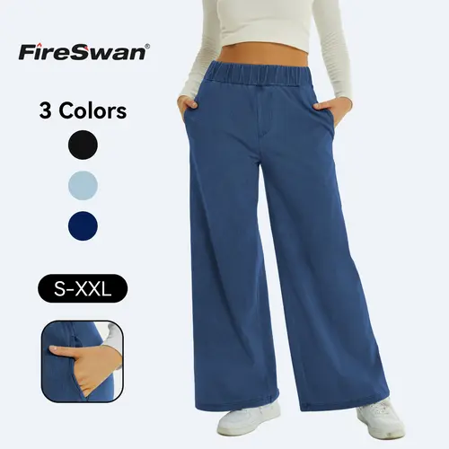 FireSwan Women's Mid-Rise Elastic Waist Stretchy Wide Leg Denim Trouser, Basic Streetwear Lady Jeans with Pockets, Comfortable Casual Bottoms