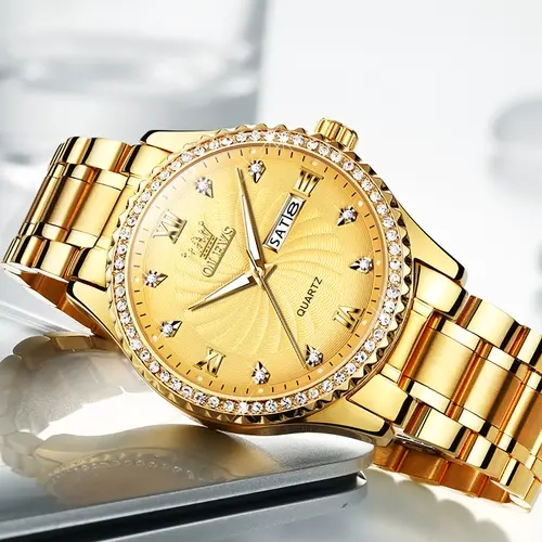 OLEVS Men's Watch, Genuine Stainless Steel Analog Quartz Watch Men's Date Modern Fashionable Wristwatch Gold watch