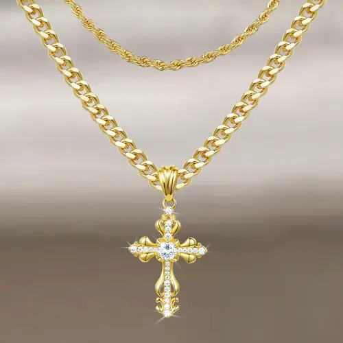 KissYan 14K Gold Metal Coating Layered Cross Necklace - Dainty Necklace with Minimalist Yet Elegant Faith Pendant, Delicate Cubic Zirconia, Women's Jewelry for Daily Wear, Religious Mothers Day Gift, Formal Outfits