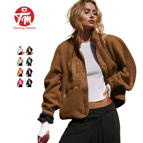 Tanming Womens Sherpa Fuzzy Jacket Stand Collar Snap Button Coat Outerwear Chest Zipper Pocket Casual Fall Winter Work School Vacation Outfits Clothing