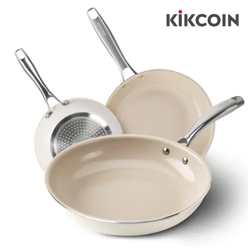 【SummerWins】Kikcoin 3-Piece Multi-Size Round Aluminum Ceramic Nonstick Skillet Set - 8" 9.5" 11", PFAS-Free, PTFE/PFOA-Free, Non-Toxic, Durable, Dishwasher Safe, Stay-Cool Stainless Steel Handle, Oven-Safe, Induction Compatible