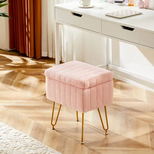 【Deal】Sweetcrispy Short Upholstered Faux Fur Vanity Stool Chair with Ottoman Storage, Upholstered Stool, Soft Padded Makeup Foot Rest, 4 Metal Legs, Anti-Slip Adjustable Feet, Quick Setup for Bedroom & Office