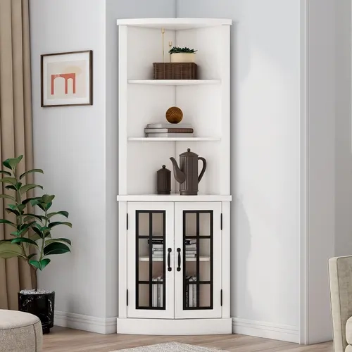 VanAcc Curved Corner Storage Cabinet, 65" Tall Freestanding Bookcase with Glass Doors & Adjustable Shelves, 5-Tier Corner Display Cabinet #TikTokShopFallDealsForYou