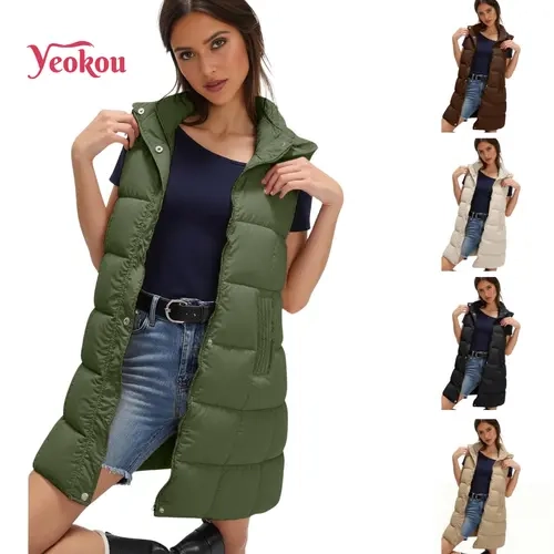 Yeokou Women's Long Nylon Padded Puffer Vest - Casual Lightweight Fitted Sleeveless Outerwear with Removable Hood, Zipper, Pockets, Classic Athletic Solid Design