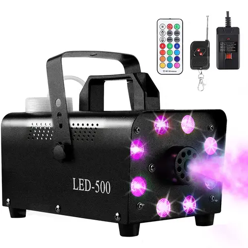 Fog Machine Halloween, 500W 12-Color 8 LED Lights, Strobe Effect & Wireless Remote Control, Overheat Protection, Colorful Lighting, Decorative Atmosphere Lighting for Indoor Party, Halloween, Romance (No Fog Fluid)