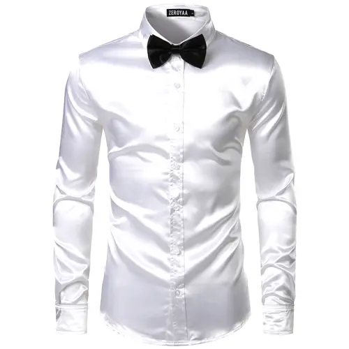 ZEROYAA Men's Fitted Luxury Shiny Silk-Like Satin Button-Up Dress Shirt - Soft Polyester, Black Long-Sleeve, Top for Casual Business & Wedding Wear