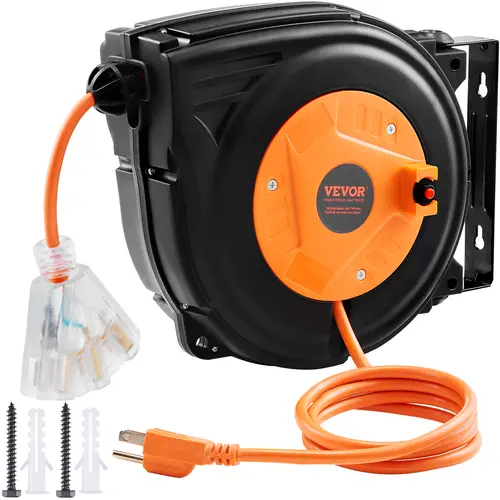 VEVOR Retractable Cable Reel, 30 FT 16AWG/3C SJTOW Heavy Wire Cable, Solid Dependable Body, Lighted Triple Tap Outlet, 10A Overload Cut Circuit Breaker, Ceiling/Wall Mount, Outdoor Use, Easy Storage, ETL Certified
