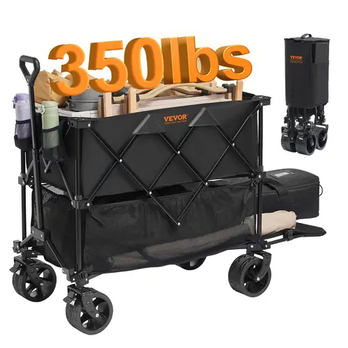 【DealsForYouDays】VEVOR Foldable Double Decker Wagon, 400L Collapsible Wagon Cart with All-Terrain Wheels, Heavy Duty Folding Wagon Cart 350 lbs Weight Capacity for Camping, Shopping, Garden, 52" Extra Long Extender