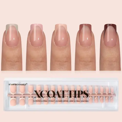 BTArtboxnails XCOATTIPS French Tip Press on Nails Kit - 150pcs Fall Short Square/Almond/Coffin Shapes, Skin Tones Soft Gel Soak-Off Acrylic Beginner Kit, Vegan Cruelty-Free Choice, Selfcare Nail Art Design
