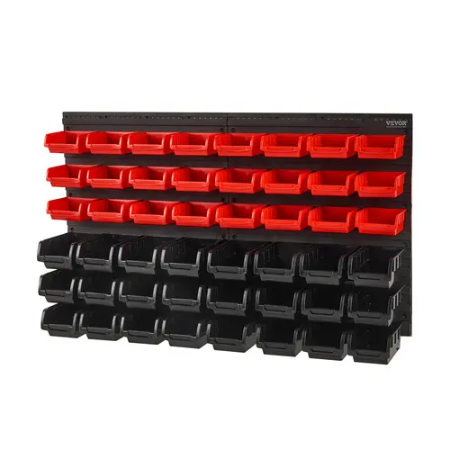 【summerfinds】VEVOR Wall Mounted 48-Bin Durable Plastic Tool Organizer, Adjustable Garage Storage with Wall Panels, Black-Red Rack with Small+Large Bin Mix, Multifunctional 48bin Sorting Solution for Garage, Shop