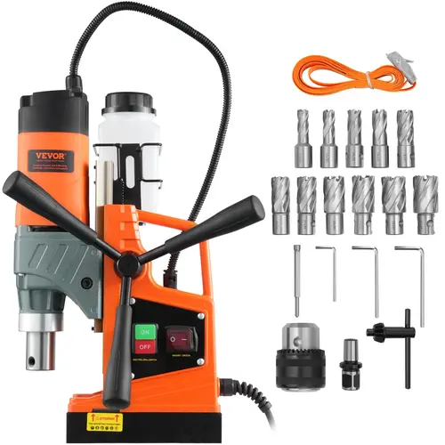 VEVOR Industrial Magnetic Power Drill Tool Set, 1450W Copper Motor, 1.57" Boring Diameter, 12500N Magnetic Force, 850 RPM Adjustable Speed, Ergonomically Designed Handle, Cooling System, Millimeter Scale, 11pc Bits for Equipment Installation, Railway