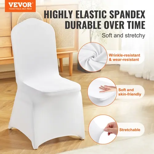 VEVOR 100PCS White Stretch Spandex Elastic Folding Chair Covers, Universal Fitted, Elegant Wrinkle-Resistant, Removable Washable, Durable Indoor/Outdoor Dining Room Chair Slipcovers for Weddings, Parties, Dining Room Chair Covers
