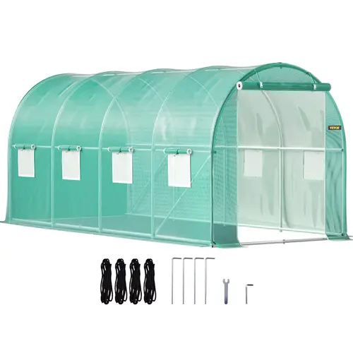 VEVOR Portable Walk-in Tunnel Greenhouse Kit, 14.8x6.6x6.6 ft (14.8' Length) - Galvanized Steel Hoops, 3 Top Beams, Diagonal Poles, Zippered Door, 8 Roll-up Mesh Windows, Outdoor Garden Propagation Station for Flower, Father's Day Gift Option