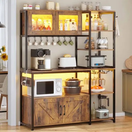 Sikaic 45.3 Inches Farmhouse Coffee Bar Bakers Rack with Power Outlet and LED Light Cabinet Kitchen with Storage Bookshelf Microwave Stand Summerwins