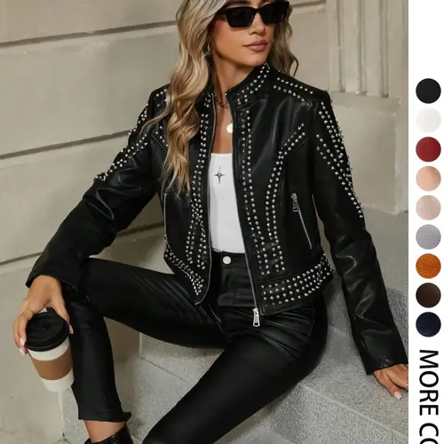 Women's Spring & Autumn Jacket, Casual Fitted Long Sleeve Outerwear, Vintage Stand Collar Rivet Motorcycle Jacket with Zipper Pockets, Biker Style Womenswear Winter