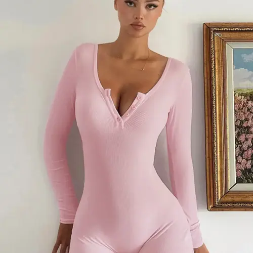 Women's Plain Button Front Ribbed Medium Vneck Romper, Casual Long Sleeve Skinny Romper for Spring & Fall, Women's Clothes for Daily Wear, Womenswear