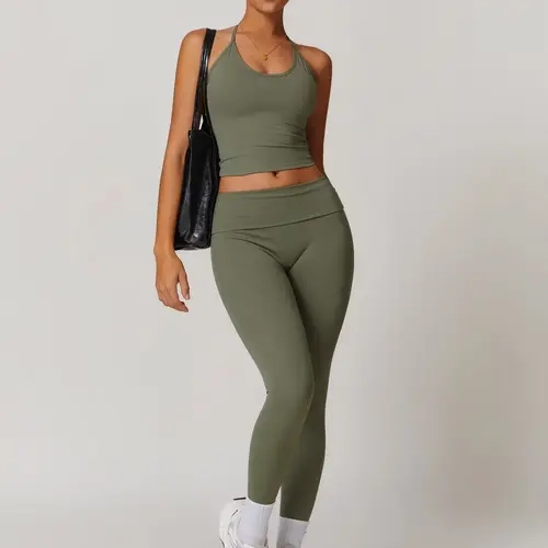 Two-Piece Set Women's Solid Backless Halter Crop Top & Fold Over Waist Leggings Tracksuit Set, Casual Activewear Set, Casual Sporty Breathable Outfits for Yoga Gym Workout Running, Ladies Sportswear for All Seasons Workout Sets