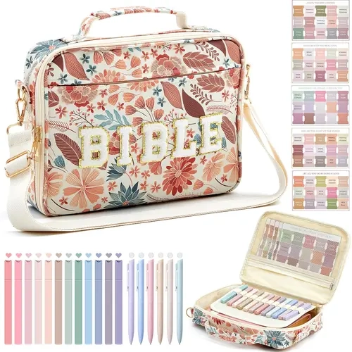 Gejoy Bible Bag for Women Bible Study Supplies 12x9x2.5in Large Bible Cover Case with Chenille Letters Highlighters Colored Pens Tabs Shoulder Strap Bible Journaling Kit for Christian Women, Sunday Prayer Use, Church Bag, Holy Cross Gift