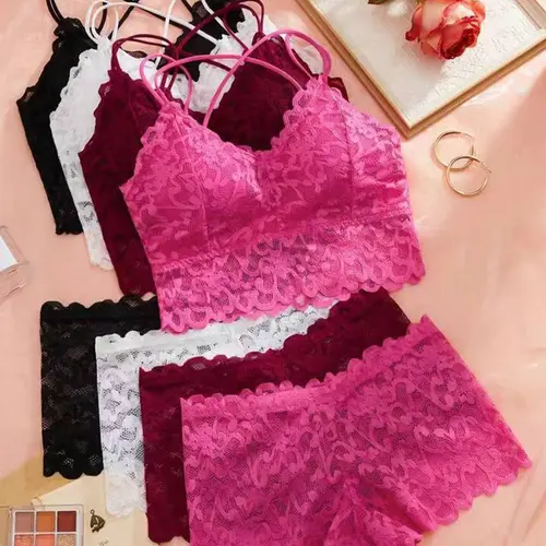 Women's Contrast Lace Backless Wireless Bra Bralette & Panty Underwear Set, Sexy Comfy Breathable Fitted Pink Lingerie Set for Daily Wear, Underwear Set for Women