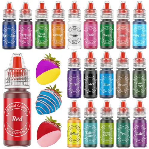 20-Pack Food Grade Chocolate Oil Edible Food Dye Set, 0.25 Fl Oz Bottles for Baking Supplies (Bake Cookies, Fudge, Cupcakes), Red White Purple Fruit Green Baby Blue Dark Green for Macarons, Candies, Sugar Cream Dairy