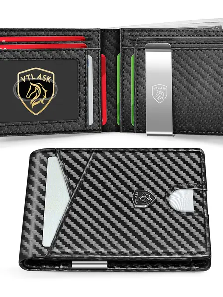 VTLASK 2026 Slim Wallet for Men with 11 cardSlots Rfid Blocking Carbon Fiberwallets Bifold Credit Card Holder Minimalist Leather With Gift Box ducttape wallets black trend recto verso