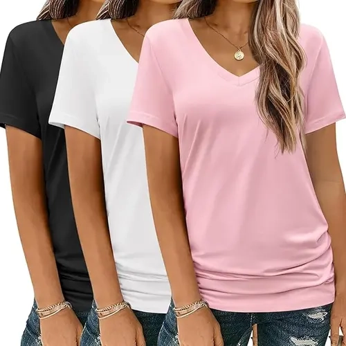 Women's Chic Oversized Solid V-Neck Short-Sleeve Polyester Blouse - Soft Aesthetic, Cute Apparel for Summer Everyday Casual Outfits, Short Sleeve Blouses & Shirts