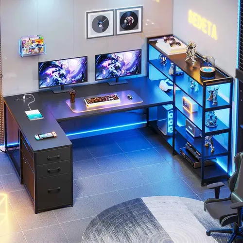 Sikaic 64.5 Inches Reversible U Shaped Desk with Storage Shelves & 3 Drawers Power Outlet LED Strip Ergonomic Computer Desk Adjustable Monitor Mount Summerwins