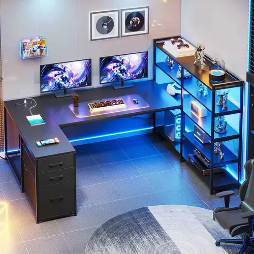 SIKAIC 64.5-Inch Adjustable Modern Reversible L-Shape Gaming Desk - Left/Right Flip, RGB Lighting (60000+ Colors), Music Sync, Fabric Drawers, 5-Tier Shelf Storage, Charging Station, On-Off Switch, Remote Control, App Compatible, Man Cave Indoor Furniture