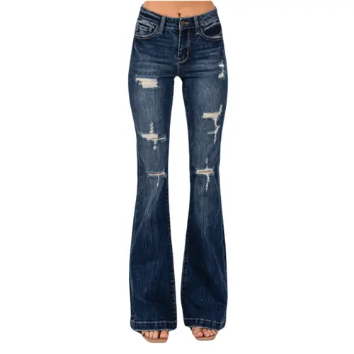 Madison Vogatiques Mid Rise Ripped Flare Jeans with Wide Leg and Bootcut Design Bell Bottom Denim Pants GP3003M Casual Cotton Good Fitting Tall Girl Outfit Distressed Tummy Control BBL