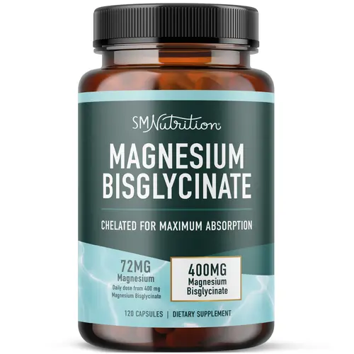SM Nutrition Magnesium Bisglycinate 400mg Chelated for Maximum Absorption Supports Relaxation & Muscle Health 120 Capsules Essential Minerals Supplement Healthcare US Dairy Free