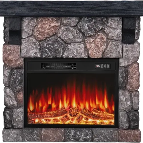 PUKAMI 36 Inch Freestanding Electric Fireplace TV Stand with Wood Mantel - 23-in Stone Veneer Insert, 1500W Rapid Heating, Remote Control, Timer, 7 Flame Colors, 5 Speeds, 400 Sq. Ft. Warmth, Faux Stone Gray, 11.5"d x 36.06"w x 34.25"h, Living Room Decor