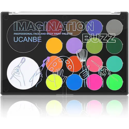 UCANBE 18-Shade Water-Based Face & Body Makeup Kit, Vibrant Cosmetic Palette with Large White, Black & Neon UV Glow Colors for Halloween, Cosplay - Enhances Mixing, Blending & Creativity (#SohoChic)