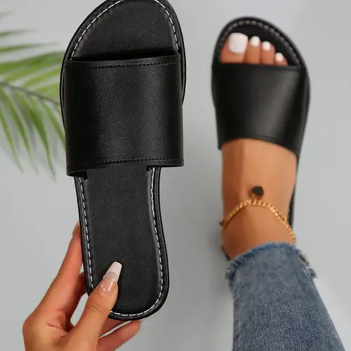 Women's Fashionable Plain Color Slide Sandals, Casual Comfortable Flat Sandals for Beach, Non-slip Slippers for Indoor & Outdoor Wear