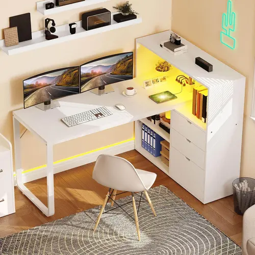 Yitahome L Shaped Desk with Power Outlets & LED Lights & File Cabinet, 55" Corner Computer Desk with 3 Drawers & 3 Storage Shelves, Home Office Desk with Bookshelf