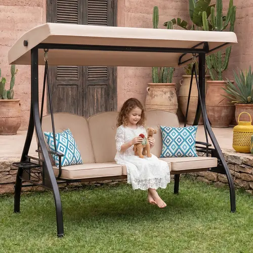 【SohoChic】ZZWHOM 3-Seat 2-in-1 Porch Swing Chair - Thick Foam Cushion, Iron Frame, Anti-Tear Canopy, Free 2-Piece Pillows & Cup Holder, Weatherproof, 800lbs Capacity, Requires Setup (Patio Swings Outdoor)