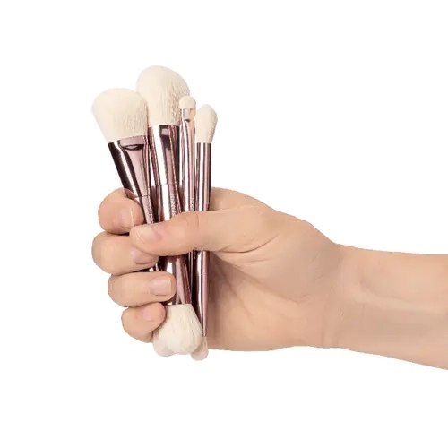 Jenny Patinkin Women's 4-Piece Demi Dual-Ended Cruelty-Free Angled Makeup Brush Set - Compact Vegan Leather Zippered Closure Case, Holds a Puff, 1 Set Handles Face and Eye Makeup, for Travel & Fuller Coverage Application