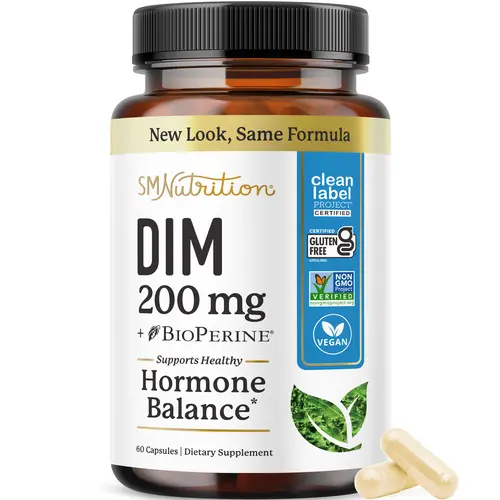 DIM Supplement 200 mg | Estrogen Balance for Women & Men | Hormonal Acne, Hormone Balance, Menopause & Antioxidant Support | Clean Label Project Certified, Vegan & Soy Free Diindolylmethane | 60 Ct.