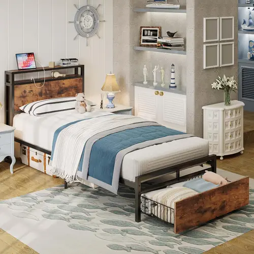 LIKIMIO Reinforced Metal-Wood Twin Bed Frame - 800lb Capacity, Bed Frames with Storage, Storage Headboard, Drawers, Charging Station, Cable Management, No Box Spring Needed, Sturdy Quick Assembly, Modern Indoor Furniture, 1-Box Delivery