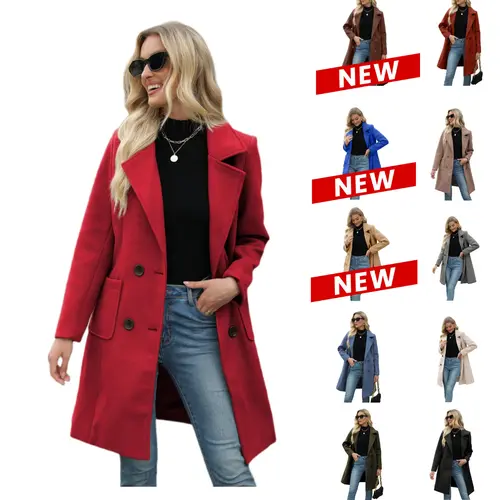 UANEO Women Winter Wool Blend Camel Mid-Long Coat Notch Double-Breasted Lapel Jacket Outwear SohoChic
