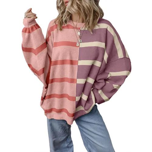 EVALESS Women's Soft Ribbed Knitwear, Casual Striped Oversize Crewneck Long Sleeve Color Block Dressy Pullover Top, Loose Lightweight Fabric, 2026 Spring Fashion Womenswear Outfits