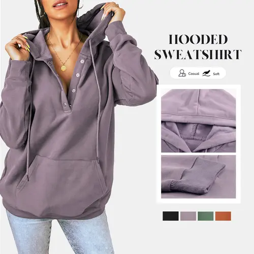 Shewin Women's Trendy Hooded Cotton Henley Sweatshirt - Casual Oversized Baggy Crop Pullover with Button Closure, Kangaroo Pocket, 1-Piece Design, Ideal for Outdoor, Party & Back to School Layering Outfits
