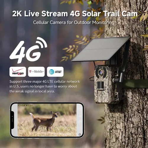 [TechVibes]Solar Powered Wireless 4G LTE Trail Camera- 2K Live Video,WiFi Not Supported, Remote APP Controlled, WaterProof, Motion Activated, Night Vision, 4G Data Cellular Card Included (Data refill is required for Unlimited 4G data usage) tiktokshopb