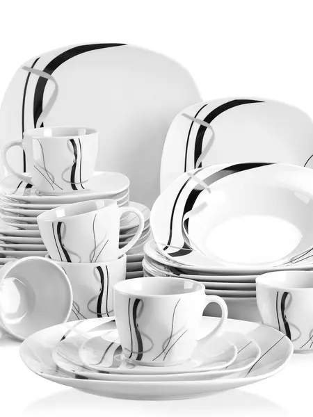 VEWEET Series Fiona, 18/24/30-Piece Classic Dinnerware Sets for 6, White Dishes Set with Black and Gray Stripes, Porcelain Dinner Set Including Dessert Plates, Soup Plates, Dinner Plates, Cups & Saucers