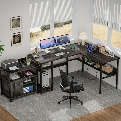 Cyclysio 47in Reversible Sturdy L-Shaped Gaming Corner Desk - Office Furniture with Charging Station (USB Ports), Storage Shelves, Easy Assembly, Floor-Pad Stability, Adjustable Pads for Uneven Floors, Modular for Home Office Gaming Setups