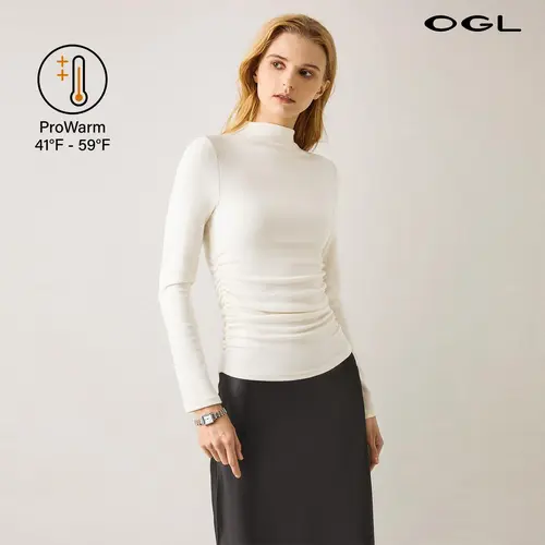 Women's OGL ProWarm Thermal Ruched-Sides Tuckable Mockneck Shirt - Elegant Minimalist ProWarm Knit, Casual Basic Shirts, Pro Women Clothing (41F-59F), tiktokshopstockup Teacher Bae Outfit