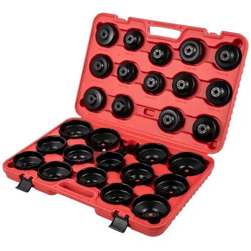 VEVOR 30-Pcs Oil Filter Socket Set with Case, Sturdy Steel 3/8"-Low Profile 65/67mm-14p 74/76mm-15p 3-Jaw Wrench Cap Set, Rust-Resist Coat, Car Repair Tools for Multiple Cars Easy Access