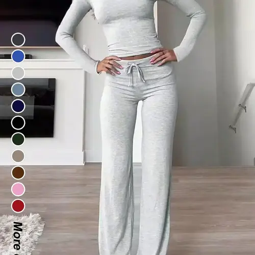 【Black Friday】Women's Solid-Color Long-Sleeve Soft Thick Knit Fabric Crop Tee & High-Waisted Drawstring Pants Two-Piece Set, Basic Casual Slim-Fit Everyday Outfit for Fall & Winter, Womenswear