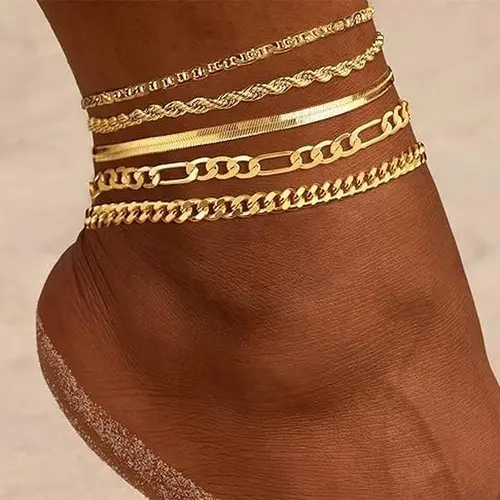 Loyalove Gold Ankle for Women Waterproof - Dainty Cuban Link Chain Herringbone Cute Anklets Set Pack Summer Beach Jewelry Gift for Women Gift For Mother's Day