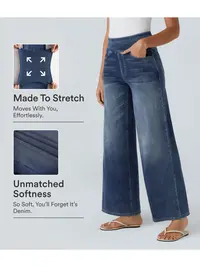 Halara Flex High Waisted Pockets Baggy Wide Leg Washed Casual Jeans