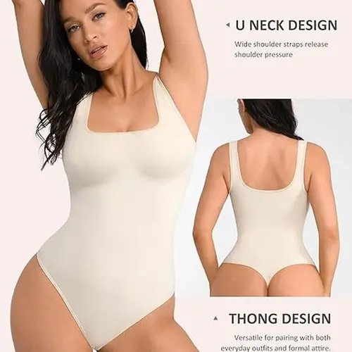 FeelinGirl Bodysuits for Women Seamless Round Neck Tummy Soft Shapewear Bodysuit Going Out Tank Tops Basic Comfort